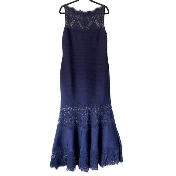 Tadashi Shoji Size L Pintuck Jersey Boatneck Gown Sheer Lace Maxi Dress - Picture 5 of 12